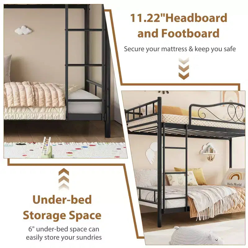 Letto a castello in metallo a due piazze, Beige/Nero/Oro/Grigio/Rosa, con scaletta e ringhiera, 2 posti letto