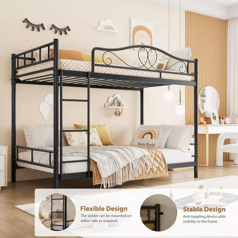 Letto a castello in metallo a due piazze, Beige/Nero/Oro/Grigio/Rosa, con scaletta e ringhiera, 2 posti letto