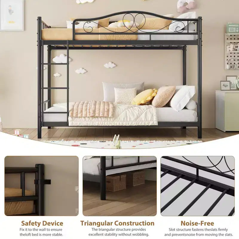 Letto a castello in metallo a due piazze, Beige/Nero/Oro/Grigio/Rosa, con scaletta e ringhiera, 2 posti letto