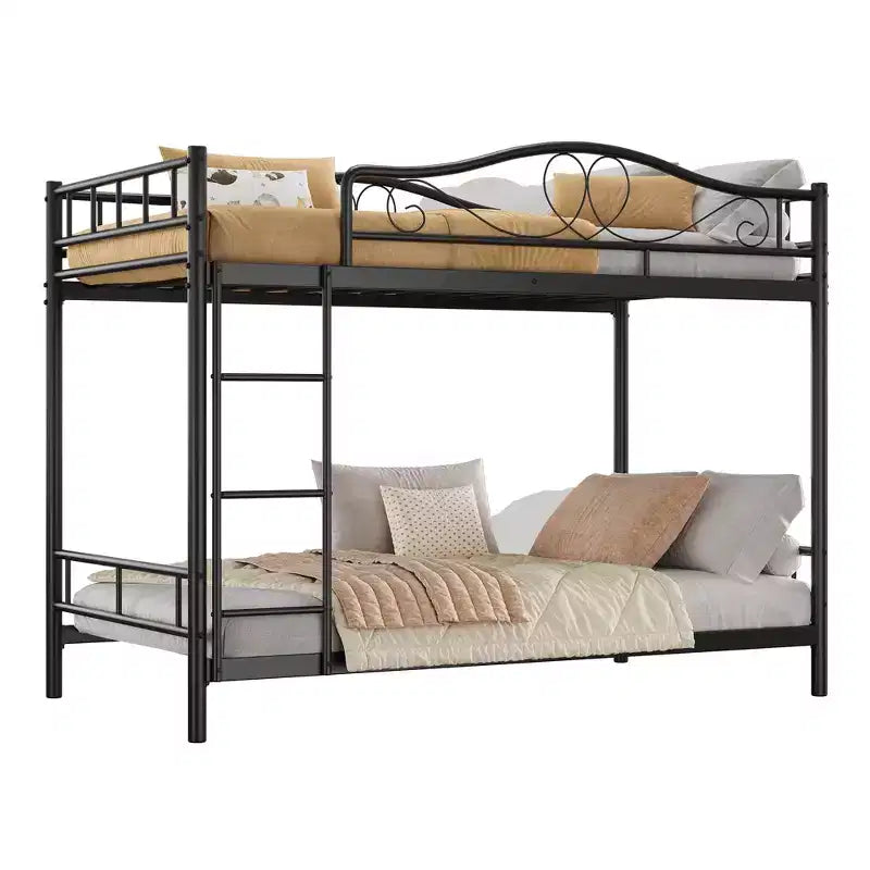Letto a castello in metallo a due piazze, Beige/Nero/Oro/Grigio/Rosa, con scaletta e ringhiera, 2 posti letto