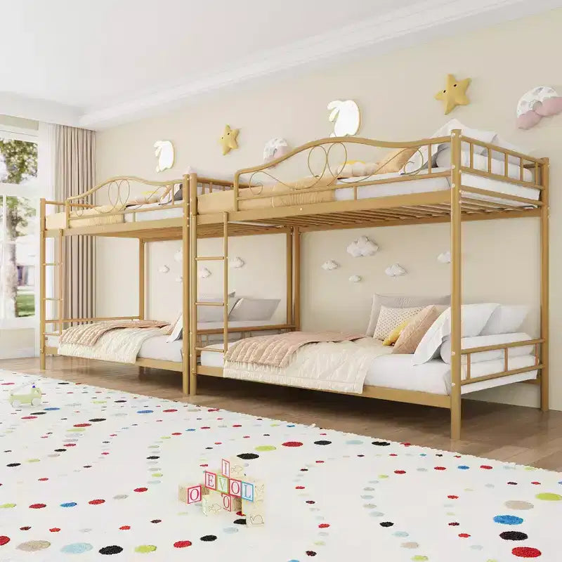 Letto a castello in metallo a due piazze, Beige/Nero/Oro/Grigio/Rosa, con scaletta e ringhiera, 2 posti letto