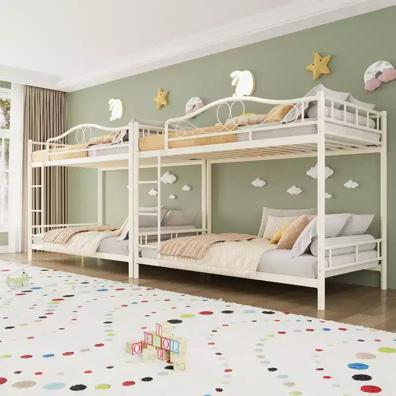 Letto a castello in metallo a due piazze, Beige/Nero/Oro/Grigio/Rosa, con scaletta e ringhiera, 2 posti letto
