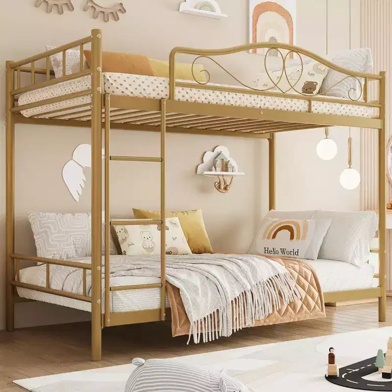 Letto a castello in metallo a due piazze, Beige/Nero/Oro/Grigio/Rosa, con scaletta e ringhiera, 2 posti letto