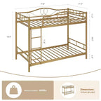 Letto a castello in metallo a due piazze, Beige/Nero/Oro/Grigio/Rosa, con scaletta e ringhiera, 2 posti letto