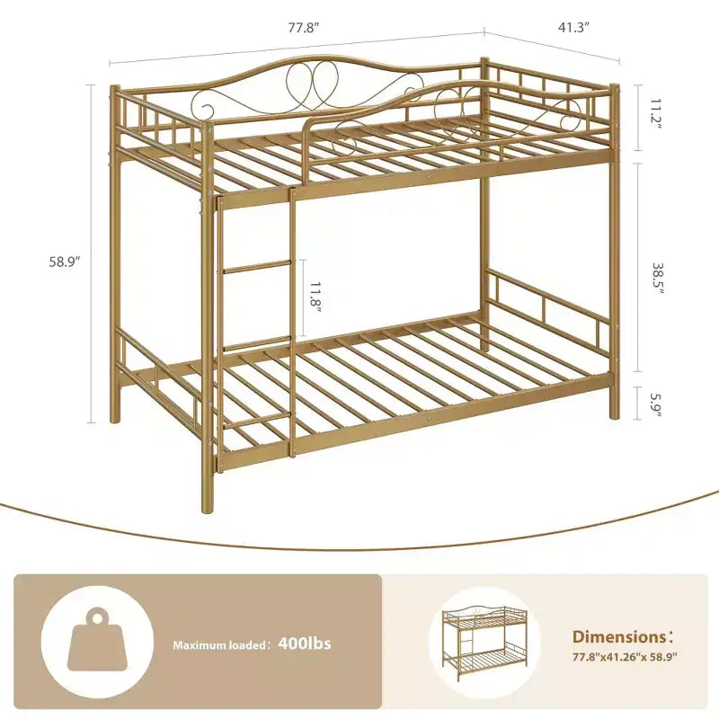 Letto a castello in metallo a due piazze, Beige/Nero/Oro/Grigio/Rosa, con scaletta e ringhiera, 2 posti letto