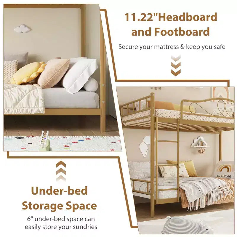 Letto a castello in metallo a due piazze, Beige/Nero/Oro/Grigio/Rosa, con scaletta e ringhiera, 2 posti letto