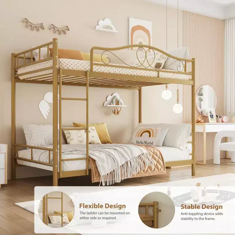 Letto a castello in metallo a due piazze, Beige/Nero/Oro/Grigio/Rosa, con scaletta e ringhiera, 2 posti letto