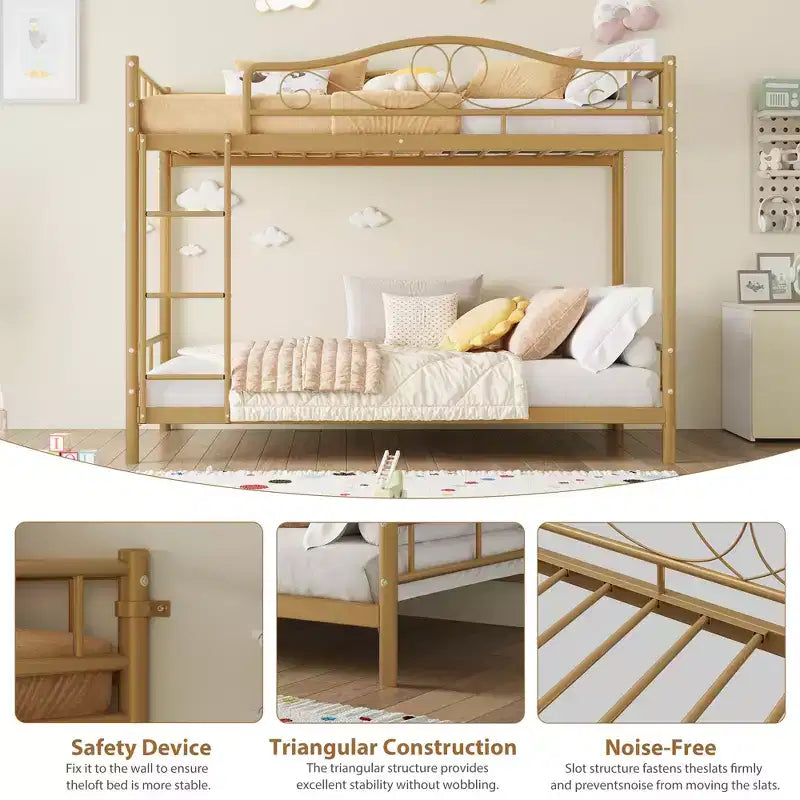 Letto a castello in metallo a due piazze, Beige/Nero/Oro/Grigio/Rosa, con scaletta e ringhiera, 2 posti letto