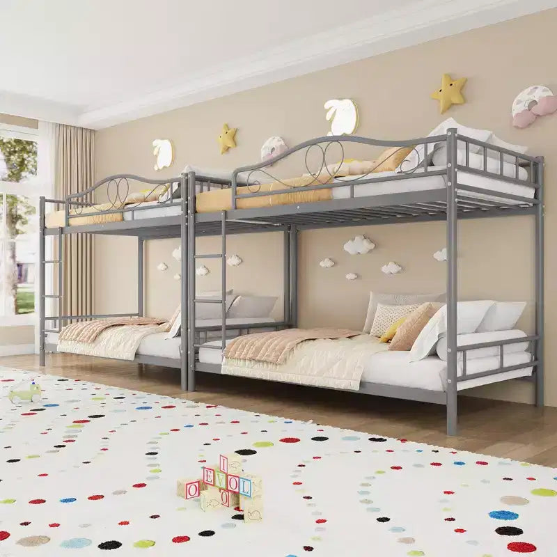 Letto a castello in metallo a due piazze, Beige/Nero/Oro/Grigio/Rosa, con scaletta e ringhiera, 2 posti letto