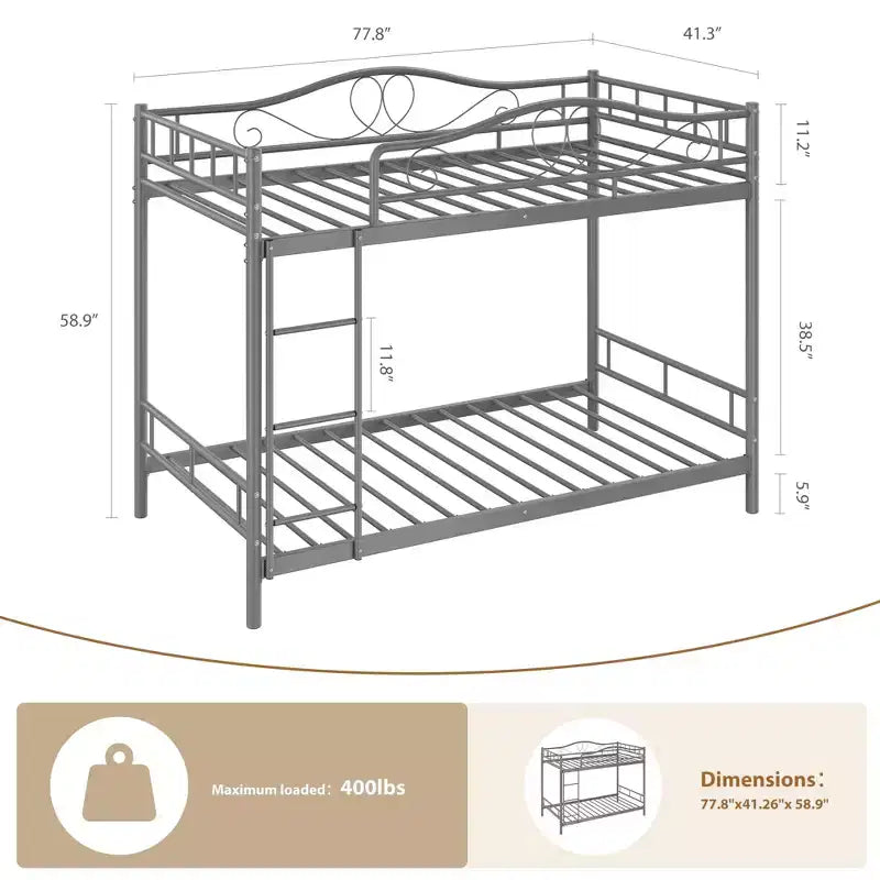 Letto a castello in metallo a due piazze, Beige/Nero/Oro/Grigio/Rosa, con scaletta e ringhiera, 2 posti letto