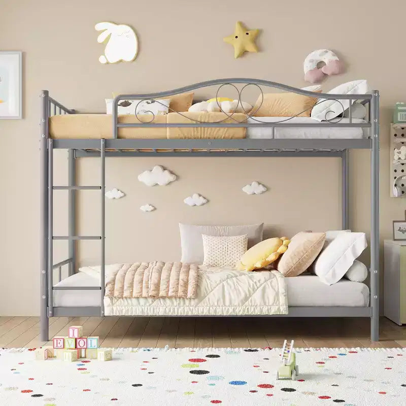 Letto a castello in metallo a due piazze, Beige/Nero/Oro/Grigio/Rosa, con scaletta e ringhiera, 2 posti letto