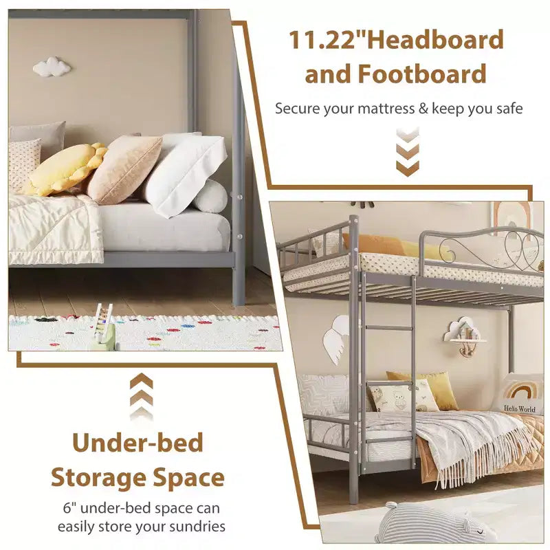 Letto a castello in metallo a due piazze, Beige/Nero/Oro/Grigio/Rosa, con scaletta e ringhiera, 2 posti letto