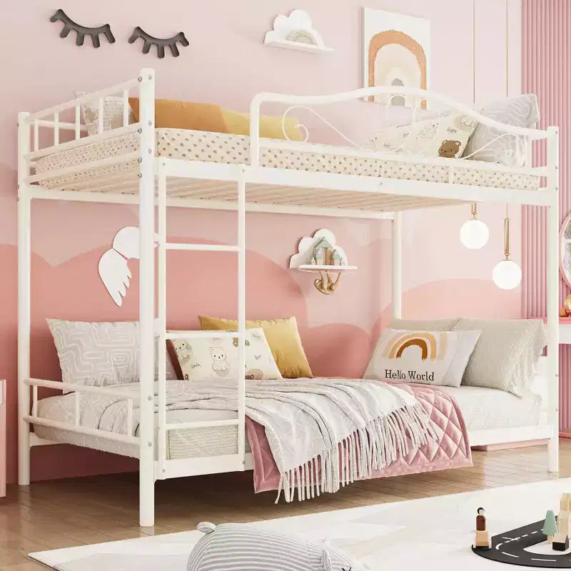 Letto a castello in metallo a due piazze, Beige/Nero/Oro/Grigio/Rosa, con scaletta e ringhiera, 2 posti letto