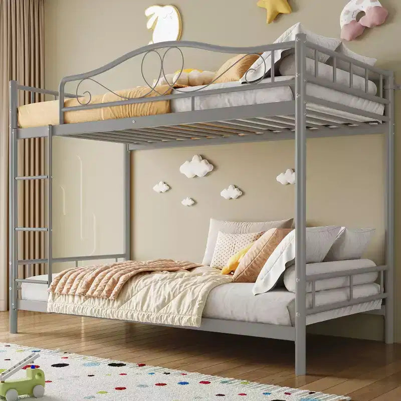 Letto a castello in metallo a due piazze, Beige/Nero/Oro/Grigio/Rosa, con scaletta e ringhiera, 2 posti letto