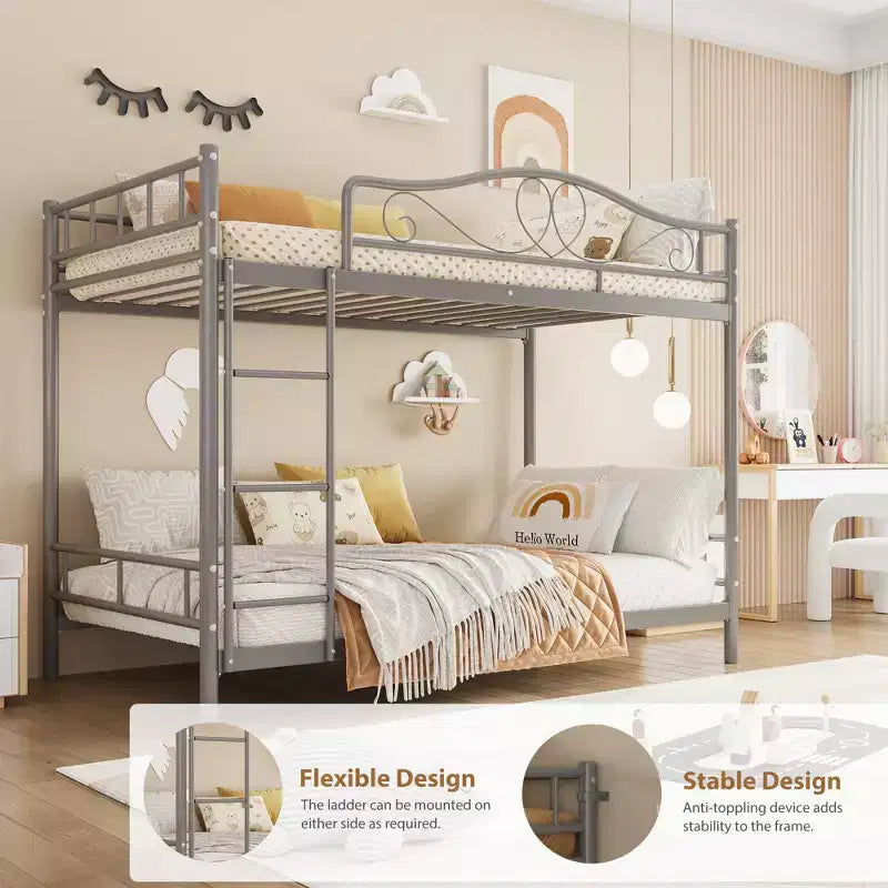 Letto a castello in metallo a due piazze, Beige/Nero/Oro/Grigio/Rosa, con scaletta e ringhiera, 2 posti letto