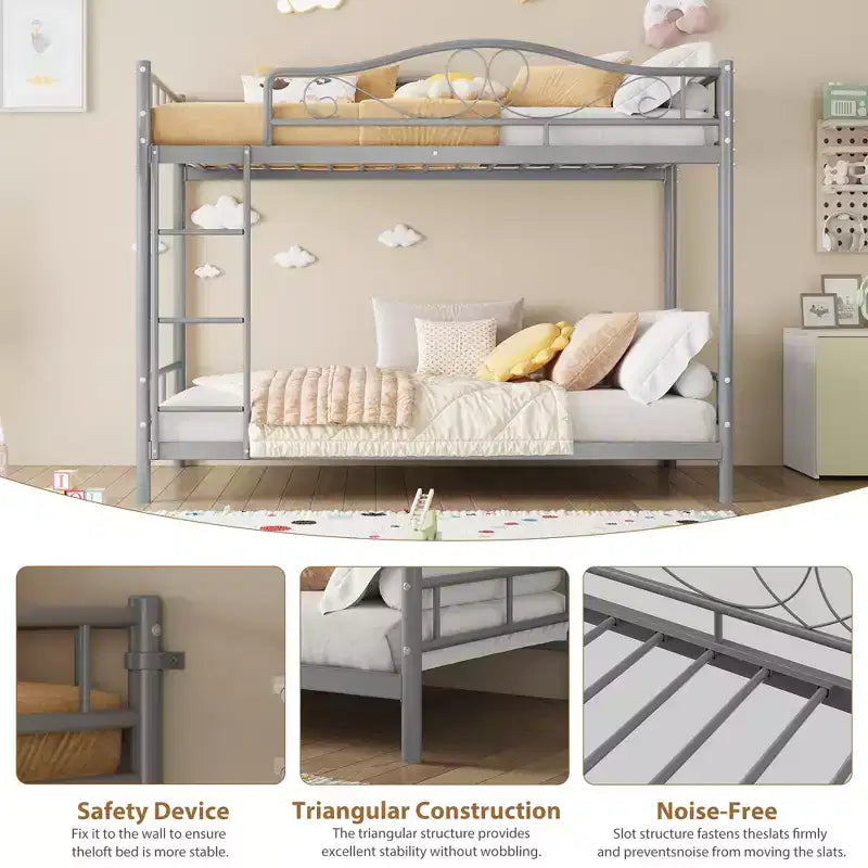 Letto a castello in metallo a due piazze, Beige/Nero/Oro/Grigio/Rosa, con scaletta e ringhiera, 2 posti letto