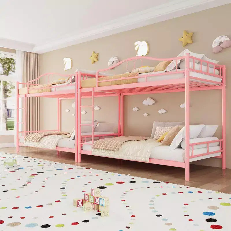 Letto a castello in metallo a due piazze, Beige/Nero/Oro/Grigio/Rosa, con scaletta e ringhiera, 2 posti letto