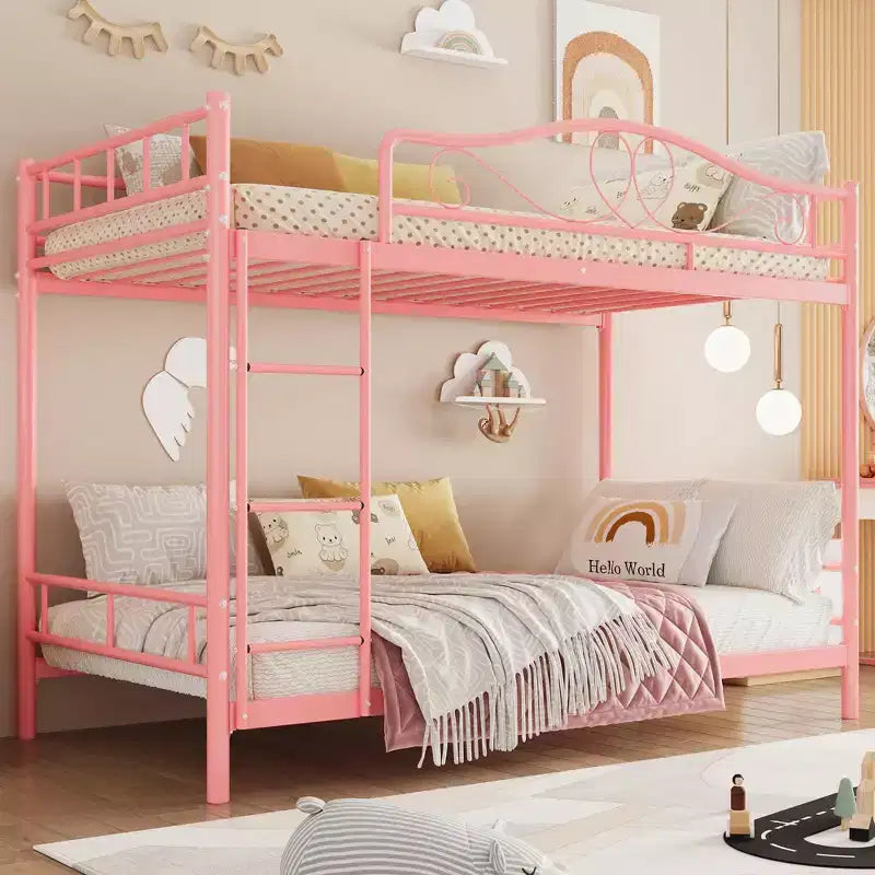 Letto a castello in metallo a due piazze, Beige/Nero/Oro/Grigio/Rosa, con scaletta e ringhiera, 2 posti letto