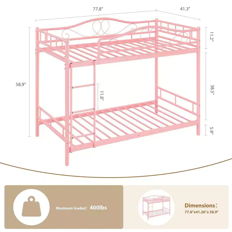 Letto a castello in metallo a due piazze, Beige/Nero/Oro/Grigio/Rosa, con scaletta e ringhiera, 2 posti letto