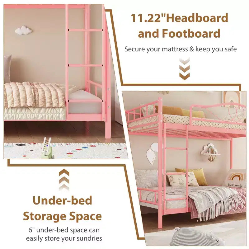 Letto a castello in metallo a due piazze, Beige/Nero/Oro/Grigio/Rosa, con scaletta e ringhiera, 2 posti letto