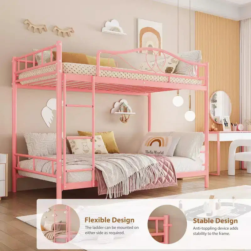 Letto a castello in metallo a due piazze, Beige/Nero/Oro/Grigio/Rosa, con scaletta e ringhiera, 2 posti letto