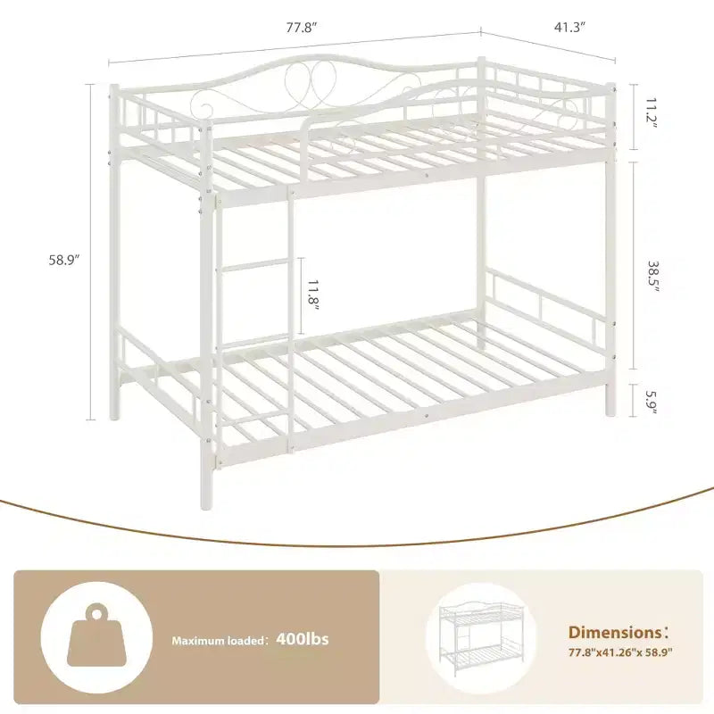 Letto a castello in metallo a due piazze, Beige/Nero/Oro/Grigio/Rosa, con scaletta e ringhiera, 2 posti letto