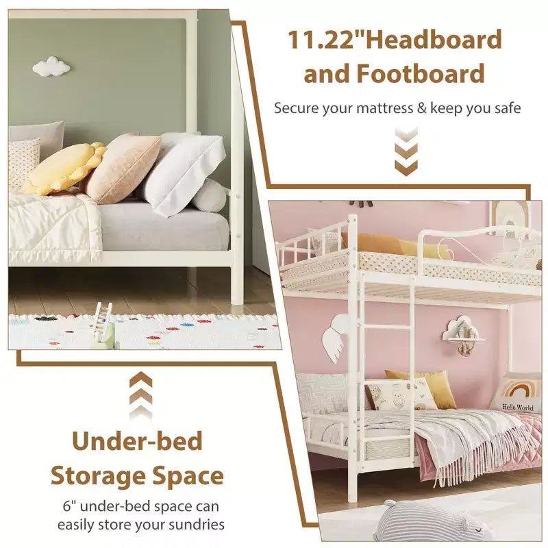 Letto a castello in metallo a due piazze, Beige/Nero/Oro/Grigio/Rosa, con scaletta e ringhiera, 2 posti letto