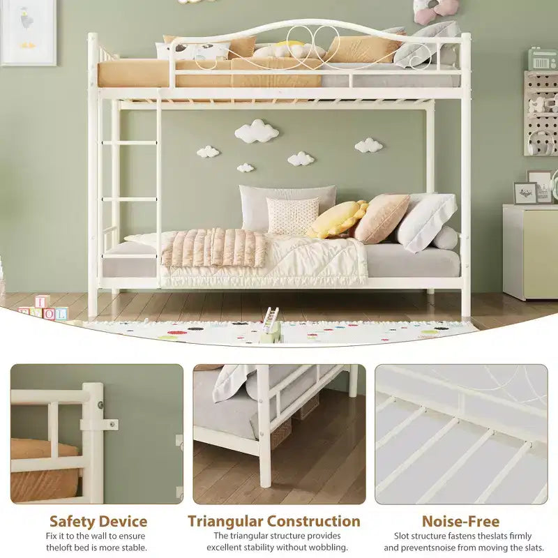 Letto a castello in metallo a due piazze, Beige/Nero/Oro/Grigio/Rosa, con scaletta e ringhiera, 2 posti letto