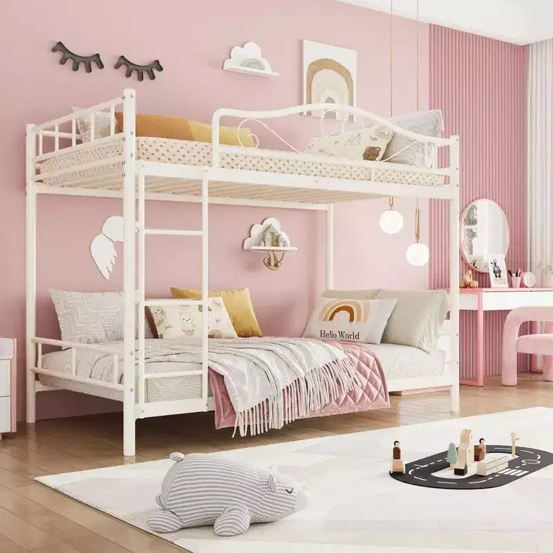 Letto a castello in metallo a due piazze, Beige/Nero/Oro/Grigio/Rosa, con scaletta e ringhiera, 2 posti letto