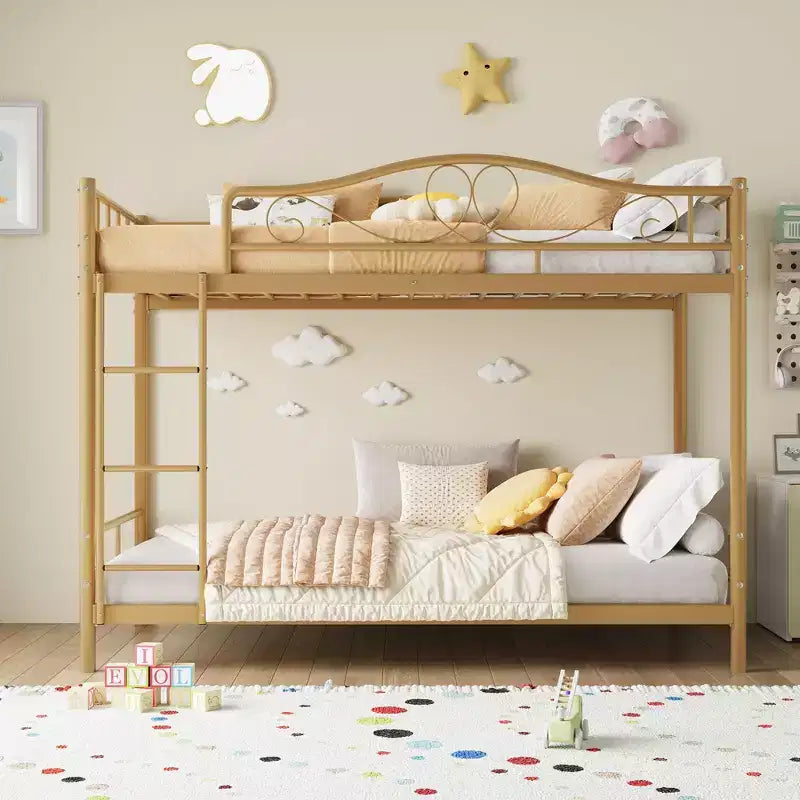 Letto a castello in metallo a due piazze, Beige/Nero/Oro/Grigio/Rosa, con scaletta e ringhiera, 2 posti letto