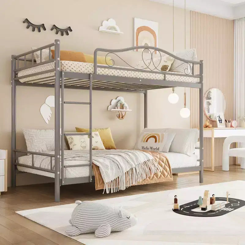 Letto a castello in metallo a due piazze, Beige/Nero/Oro/Grigio/Rosa, con scaletta e ringhiera, 2 posti letto