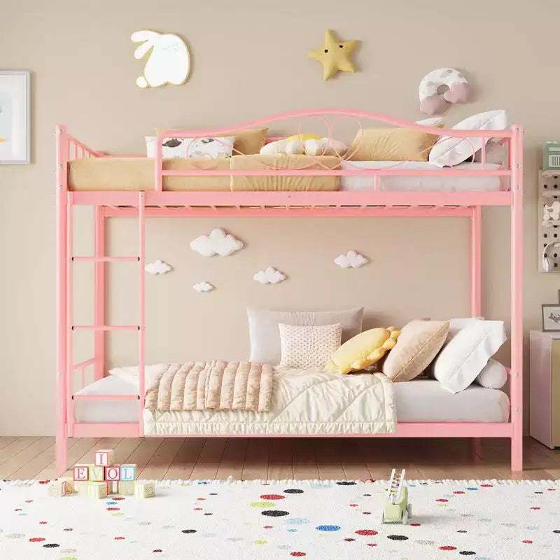 Letto a castello in metallo a due piazze, Beige/Nero/Oro/Grigio/Rosa, con scaletta e ringhiera, 2 posti letto