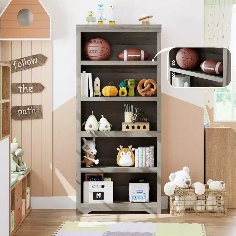 Libreria aperta a 5 ripiani, stile rustico, nera / marrone / grigia / bianca