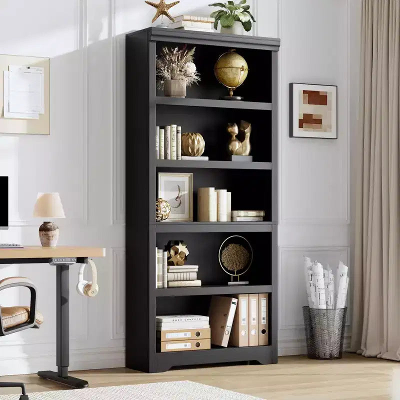 Libreria aperta a 5 ripiani, stile rustico, nera / marrone / grigia / bianca