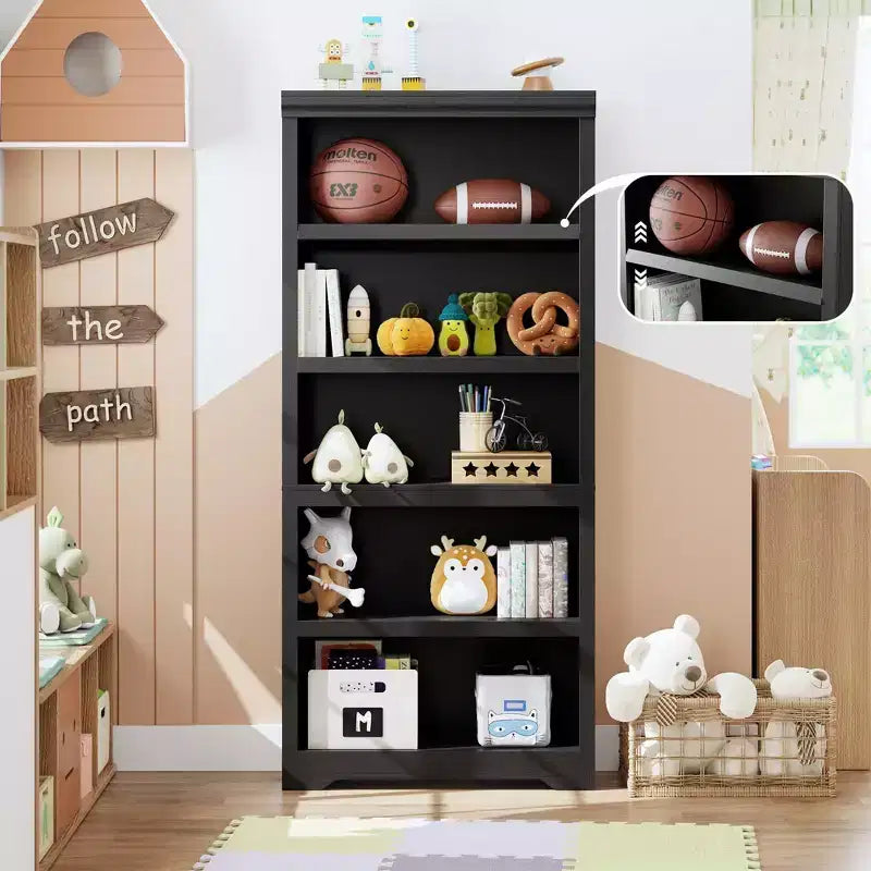Libreria aperta a 5 ripiani, stile rustico, nera / marrone / grigia / bianca