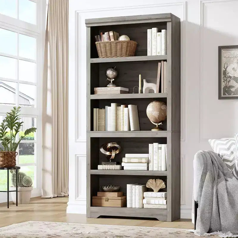 Libreria aperta a 5 ripiani, stile rustico, nera / marrone / grigia / bianca