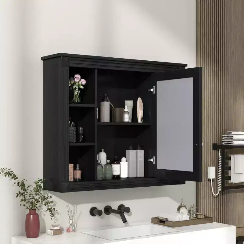 Mobiletto a specchio nero da parete per bagno con 6 ripiani aperti, monoutente