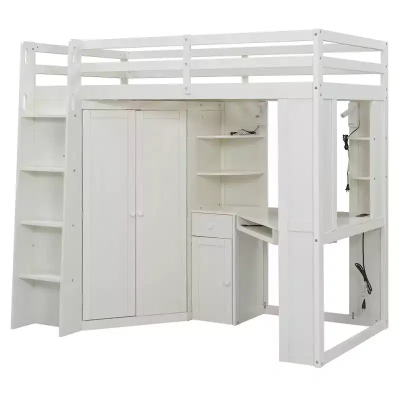 Letto a soppalco Luxystar Twin Size tutto-in-uno con armadio integrato, scrivania, mensole, vassoio estraibile per tastiera e faretto