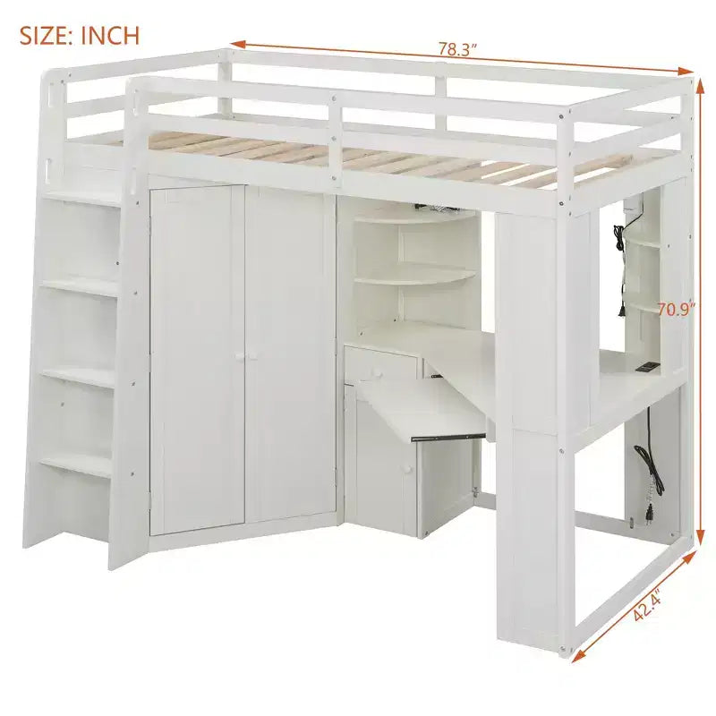 Letto a soppalco Luxystar Twin Size tutto-in-uno con armadio integrato, scrivania, mensole, vassoio estraibile per tastiera e faretto