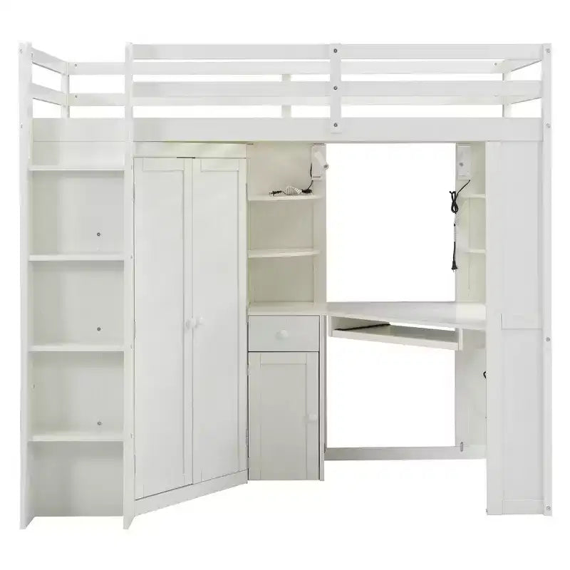 Letto a soppalco Luxystar Twin Size tutto-in-uno con armadio integrato, scrivania, mensole, vassoio estraibile per tastiera e faretto