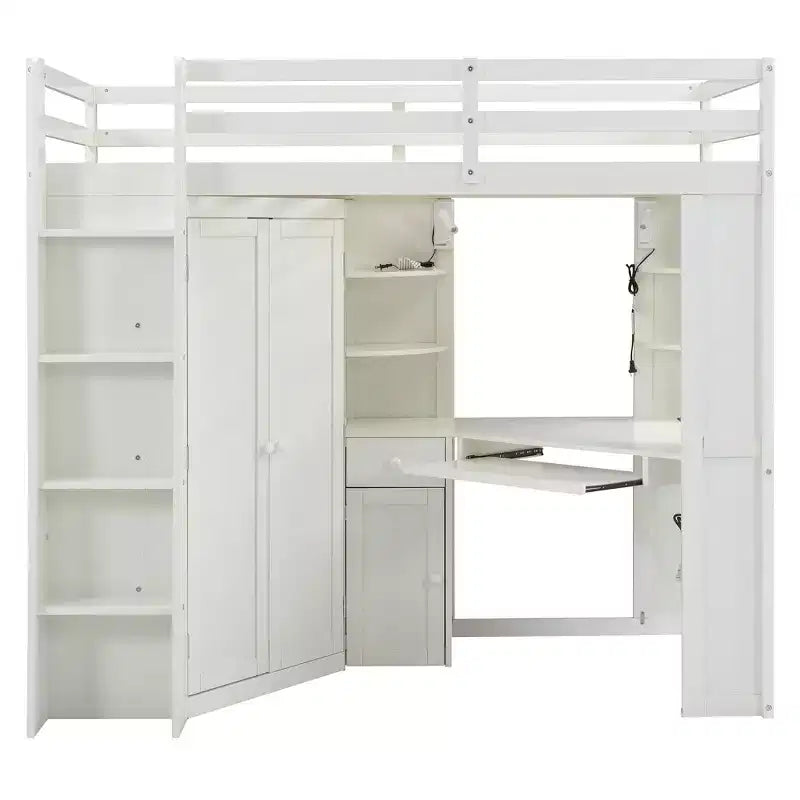 Letto a soppalco Luxystar Twin Size tutto-in-uno con armadio integrato, scrivania, mensole, vassoio estraibile per tastiera e faretto