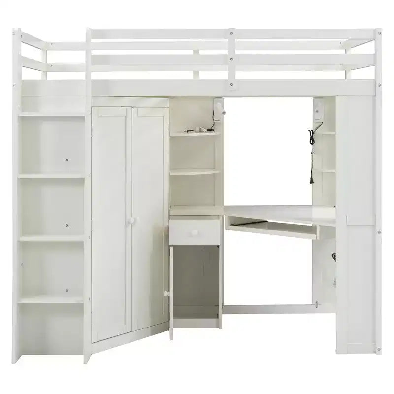 Letto a soppalco Luxystar Twin Size tutto-in-uno con armadio integrato, scrivania, mensole, vassoio estraibile per tastiera e faretto