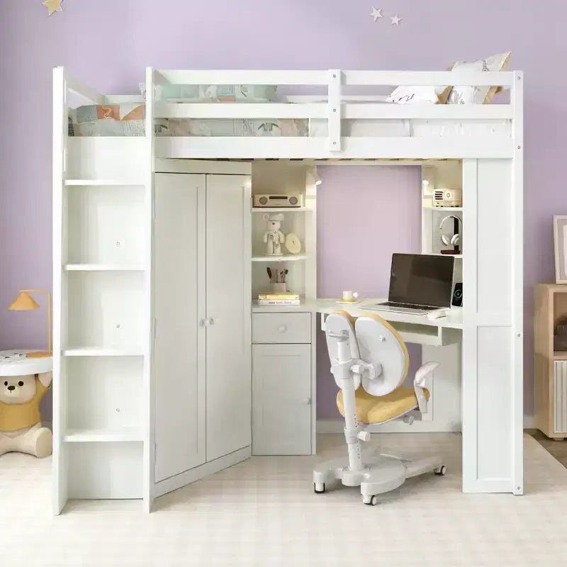 Letto a soppalco Luxystar Twin Size tutto-in-uno con armadio integrato, scrivania, mensole, vassoio estraibile per tastiera e faretto