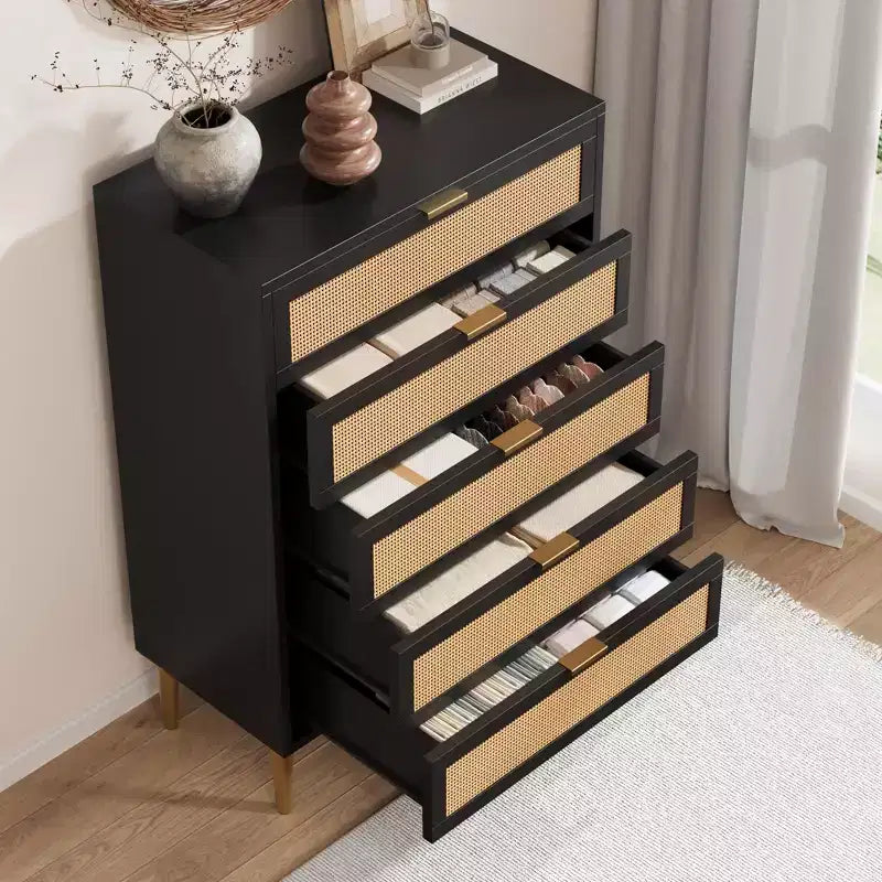Comò a 5 cassetti in rattan Acekool con gambe dorate, cassettiera alta per camera da letto e soggiorno