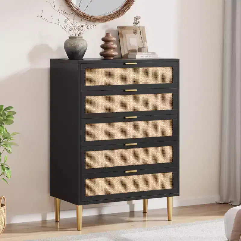 Comò a 5 cassetti in rattan Acekool con gambe dorate, cassettiera alta per camera da letto e soggiorno