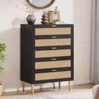 Comò a 5 cassetti in rattan Acekool con gambe dorate, cassettiera alta per camera da letto e soggiorno