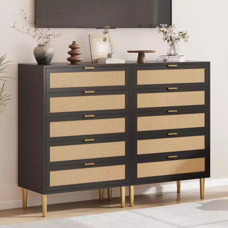 Comò a 5 cassetti in rattan Acekool con gambe dorate, cassettiera alta per camera da letto e soggiorno