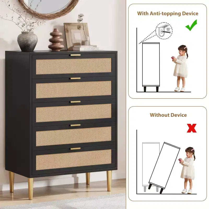 Comò a 5 cassetti in rattan Acekool con gambe dorate, cassettiera alta per camera da letto e soggiorno