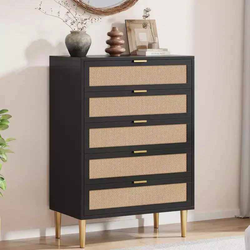 Comò a 5 cassetti in rattan Acekool con gambe dorate, cassettiera alta per camera da letto e soggiorno