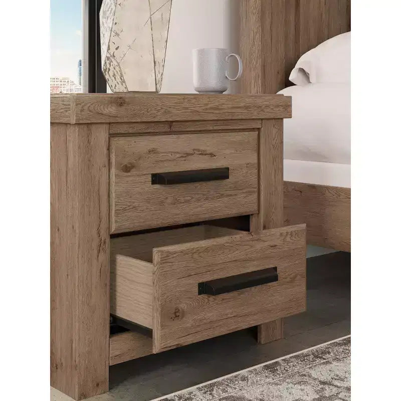 Comodino Ashley Contoura a due cassetti con design d'autore, effetto legno rustico marrone chiaro con ricarica USB